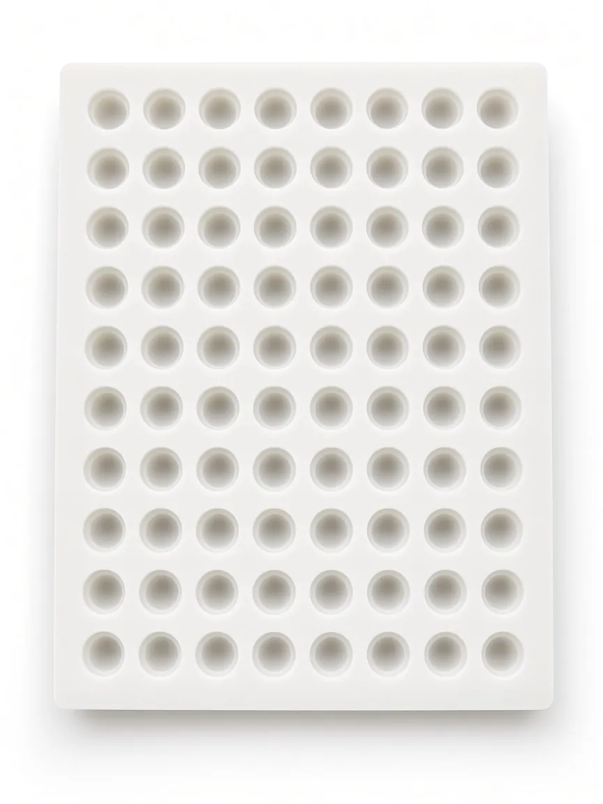 White silicone tray with round cavities, cavity pitch checked against a metal ruler