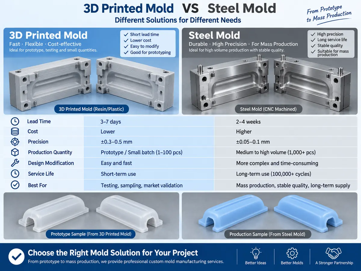 3D-printed mold for RTV silicone mold production versus steel mold for solid silicone high-temperature compression